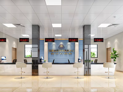 Bright Modern Government Service Hall Interior With Service Counter Digital Screens And White Stools 3d model