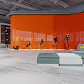 Modern Public Office Space With Large Windows Workstations Green Sofas Shiny Floor And Orange Wall 3d model