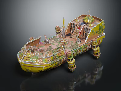 Cartoon Scene Featuring Ornate Yellow Fantasy Craft With Green Decorations Towers And Windows 3d model