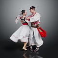 Couple In Traditional Folk Costumes With Red Accents Dancing On Gray Background