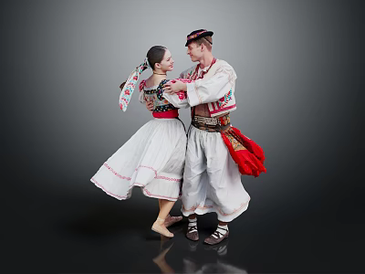 Couple In Traditional Folk Costumes With Red Accents Dancing On Gray Background 3d model