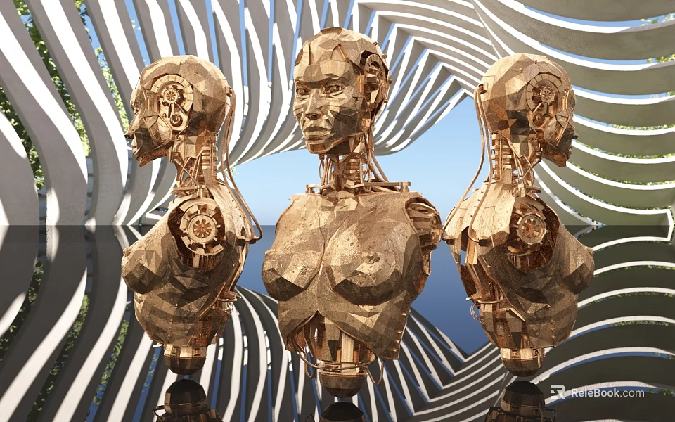 Three Golden Robotic Humanoid Busts With Intricate Mechanical Design In Spiral Background 3d model 