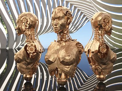 Three Golden Robotic Humanoid Busts With Intricate Mechanical Design In Spiral Background 3d model