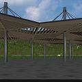 Modern Pergola Structure With Wooden Roof And Metal Columns In Outdoor Space
