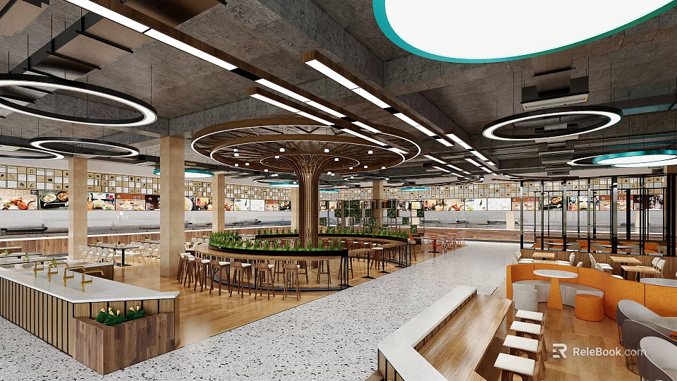 Contemporary Indoor Public Space With Circular Ceiling Ring Lights Wooden Flooring And Green Plants 3d model 