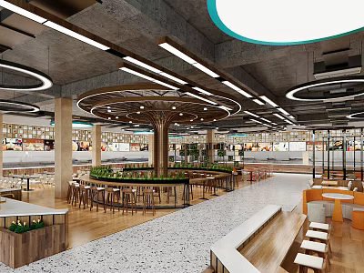 Contemporary Indoor Public Space With Circular Ceiling Ring Lights Wooden Flooring And Green Plants 3d model