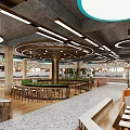 Contemporary Indoor Public Space With Circular Ceiling Ring Lights Wooden Flooring And Green Plants