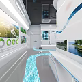 Tech Exhibition Hall With Curved Screen Showing Natural River And Green Mountains