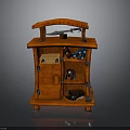 Orange Wooden Mobile Storage Cabinet With Curved Top And Multiple Shelves