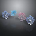 Four Colorful Plants in Blue Light Blue Pink Dark Blue with Dark Background and Reflections