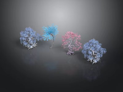 Four Colorful Plants in Blue Light Blue Pink Dark Blue with Dark Background and Reflections 3d model