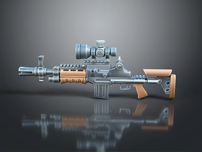Tactical Rifle Equipped With Scope Wooden Grip Metallic Barrel And Reflective Design 3d model