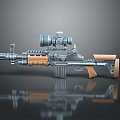 Tactical Rifle Equipped With Scope Wooden Grip Metallic Barrel And Reflective Design