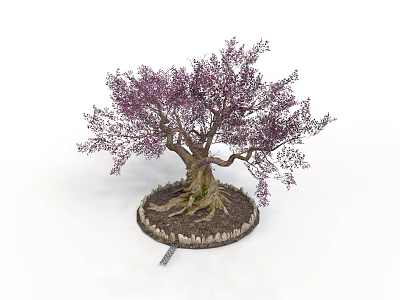 Potted Tree With Purple Leaves Thick Trunk And Exposed Roots On Circular Stone Base 3d model
