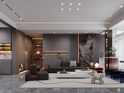 Modern Elegant Open Living Dining Room With Marble Wall Gray Sofa Geometric Rug Floor-to-Ceiling Windows 3d model