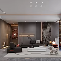 Modern Elegant Open Living Dining Room With Marble Wall Gray Sofa Geometric Rug Floor-to-Ceiling Windows