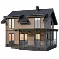 Modern Detached Villa With Wooden Exterior Large Windows Black Roof And Glass Railing Balcony