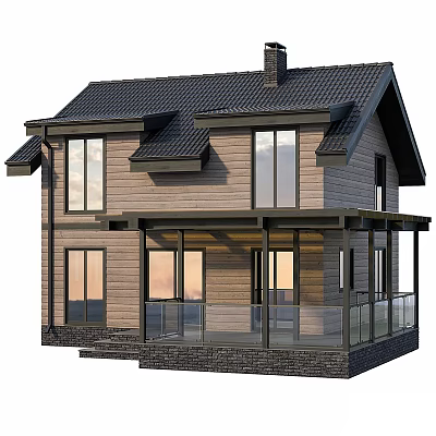 Modern Detached Villa With Wooden Exterior Large Windows Black Roof And Glass Railing Balcony 3d model