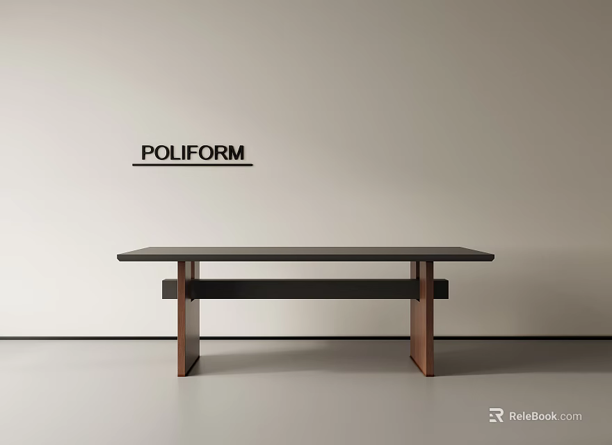 Minimalist Modern POLIFORM Dining Table With Black Tabletop And Wooden Legs In Simple Space 3d model 