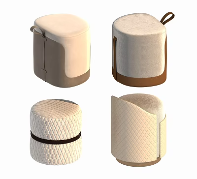 Upholstered Stools With Various Designs Beige White Quilted Texture And Leather Handles 3d model