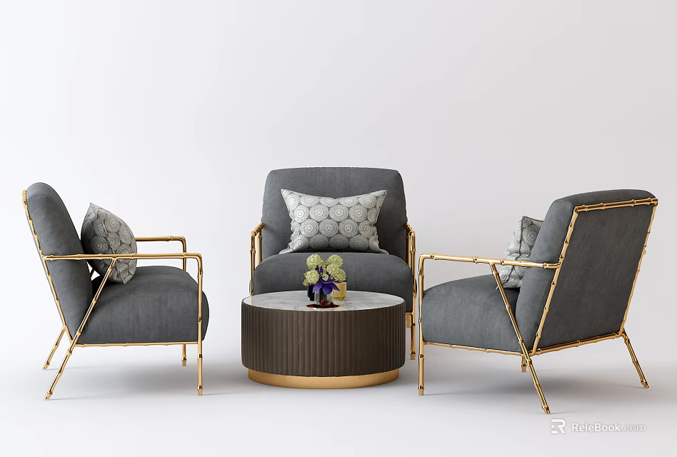 Casual Sofa Set With Grey Upholstery Gold Metal Frames And Round Coffee Table 3d model 
