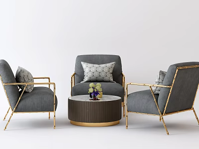 Casual Sofa Set With Grey Upholstery Gold Metal Frames And Round Coffee Table 3d model