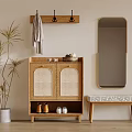 Wooden Shoe Cabinet With Wicker Doors Wall Hooks Mirror And Bench In Modern Entryway