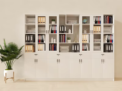 White Storage Bookcase With Multiple Shelves Holding File Folders Books Plants And Decor 3d model