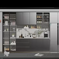 Modern Wine Cabinet with Glass Doors and Wine Bottles Display in Contemporary Kitchen Interior
