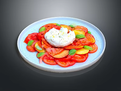 Fresh Burrata Salad with Sliced Tomatoes Fresh Basil Drizzled Olive Oil on Blue Plate 3d model