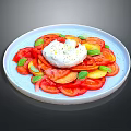 Fresh Burrata Salad with Sliced Tomatoes Fresh Basil Drizzled Olive Oil on Blue Plate