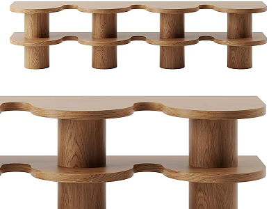 Modern Wooden Shelving Unit with Curved Layers and Cylindrical Legs Design 3d model
