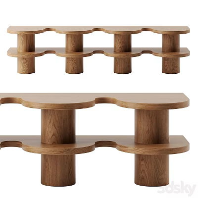 Modern Wooden Shelving Unit with Curved Layers and Cylindrical Legs Design 3d model