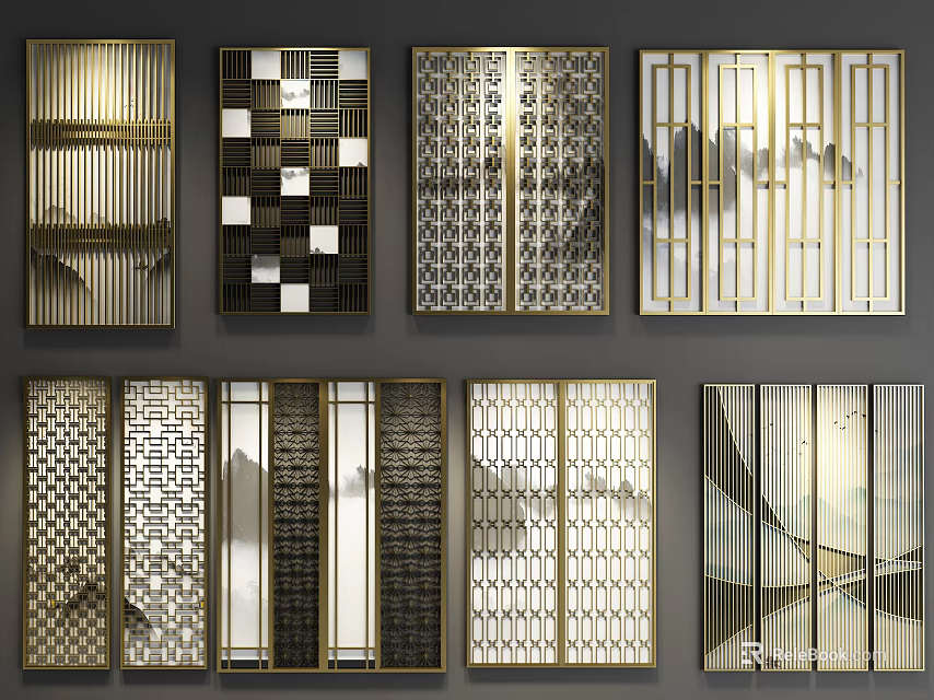 Various Modern And Traditional Room Screens With Metal Frames And Perforated Patterns 3d model 