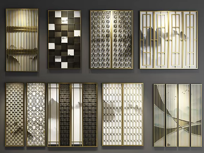 Various Modern And Traditional Room Screens With Metal Frames And Perforated Patterns 3d model