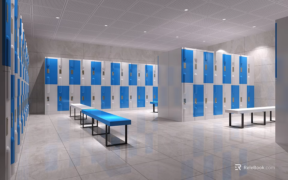 Neatly Arranged Blue And White Lockers With Benches In Spacious Indoor Area 3d model 