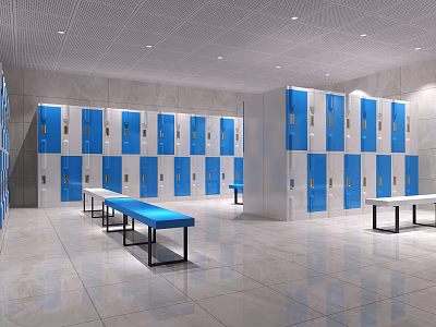 Neatly Arranged Blue And White Lockers With Benches In Spacious Indoor Area 3d model