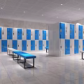Neatly Arranged Blue And White Lockers With Benches In Spacious Indoor Area