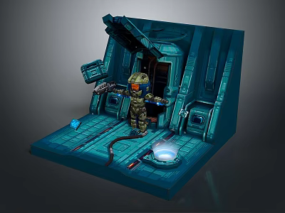 Cartoon Style Sci Fi Chamber With Armored Character Open Hatch And Glowing Blue Object 3d model