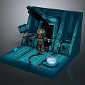 Cartoon Style Sci Fi Chamber With Armored Character Open Hatch And Glowing Blue Object 3d model
