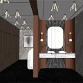 Modern Public Restroom Interior Design With Marble Counter Mirror Lighting And Wooden Panels