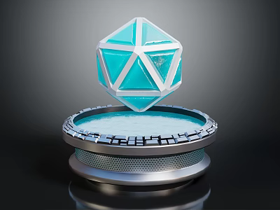 Blue Transparent Shiny Geometric Polyhedron Floating Over Circular Textured Metal Base 3d model
