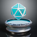 Blue Transparent Shiny Geometric Polyhedron Floating Over Circular Textured Metal Base