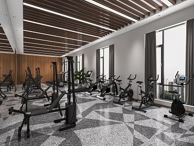 Spacious Fitness Gym With Treadmills Exercise Bikes Strength Machines Wooden Ceiling Large Windows Geometric Floor 3d model