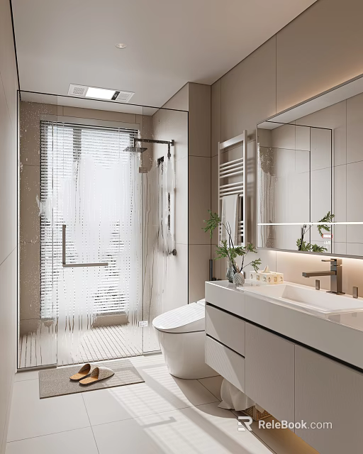 Modern Bathroom Interior With Glass Shower Enclosure Toilet Vanity And Mirror 3d model 