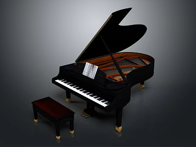 Black Grand Piano Furniture With Open Lid And Matching Wooden Bench 3d model