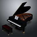 Black Grand Piano Furniture With Open Lid And Matching Wooden Bench