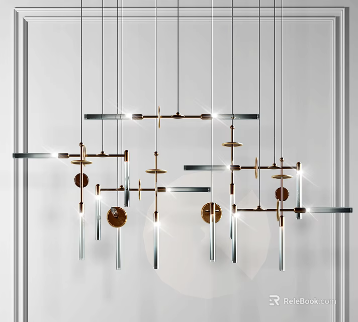 Modern Geometric Chandelier With Brass And Metal Hanging Elements And Illuminated Design 3d model 