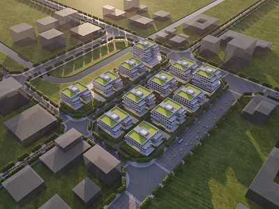 Aerial View Residential Planning With Green Roofs Neatly Arranged Buildings Roads And Green Spaces 3d model