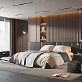 Modern Bedroom Interior With Gray Headboard Bed White Gray Bedding And Wooden Panel Wall